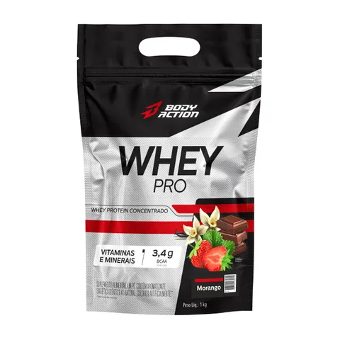 Whey Pro Body Action Morango refil 1 kg — embalagem